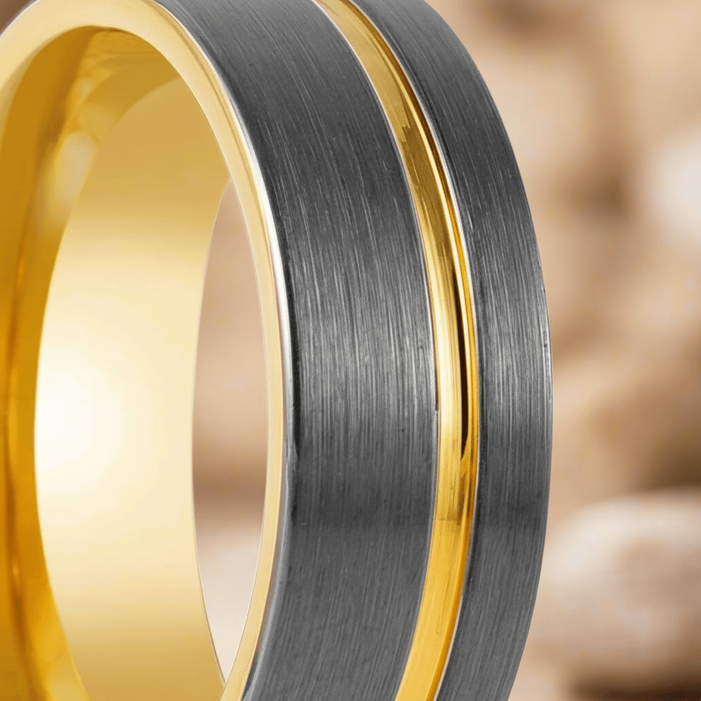 AFRIDI — Extreme macro detail — men's tungsten wedding ring.