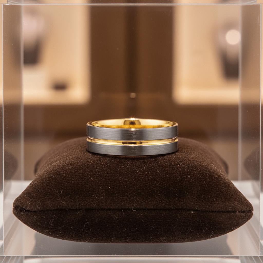 AFRIDI — Premium boutique display on velvet — men's tungsten wedding ring.