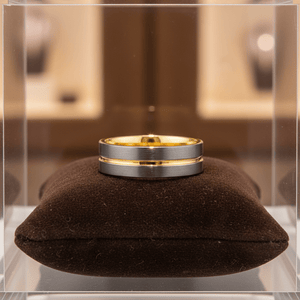 AFRIDI — Premium boutique display on velvet — men's tungsten wedding ring.