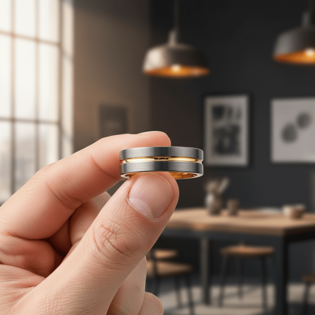 AFRIDI — Held between fingers close-up — men's tungsten wedding ring.