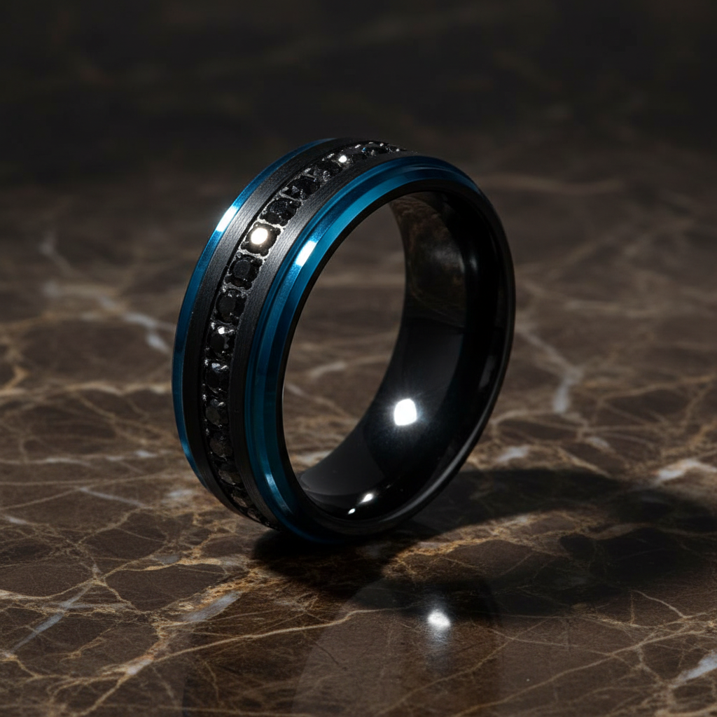 ALISO black tungsten with blue edges black CZ eternity ring luxury 3/4 standing on dark marble