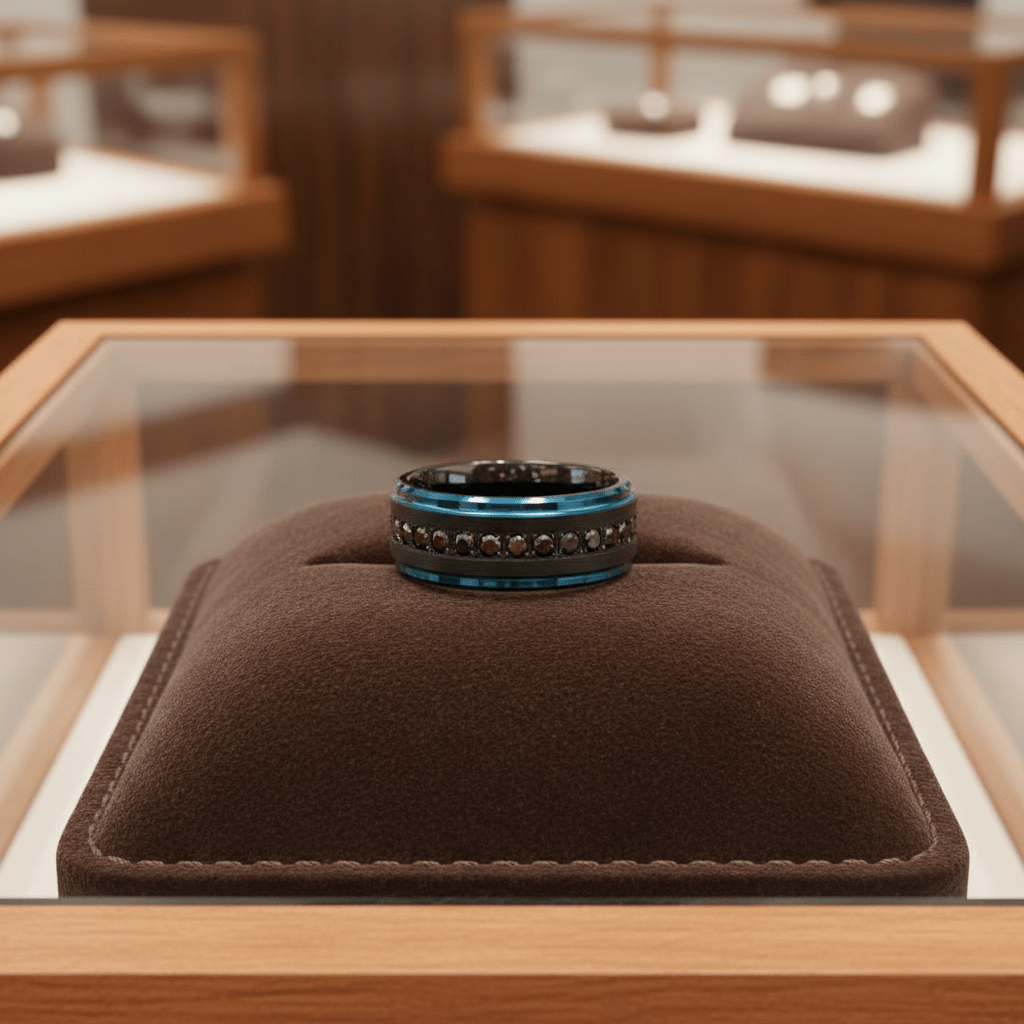 ALISO black tungsten with blue edges black CZ eternity ring on dark velvet pillow boutique display
