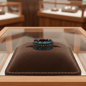 ALISO black tungsten with blue edges black CZ eternity ring on dark velvet pillow boutique display