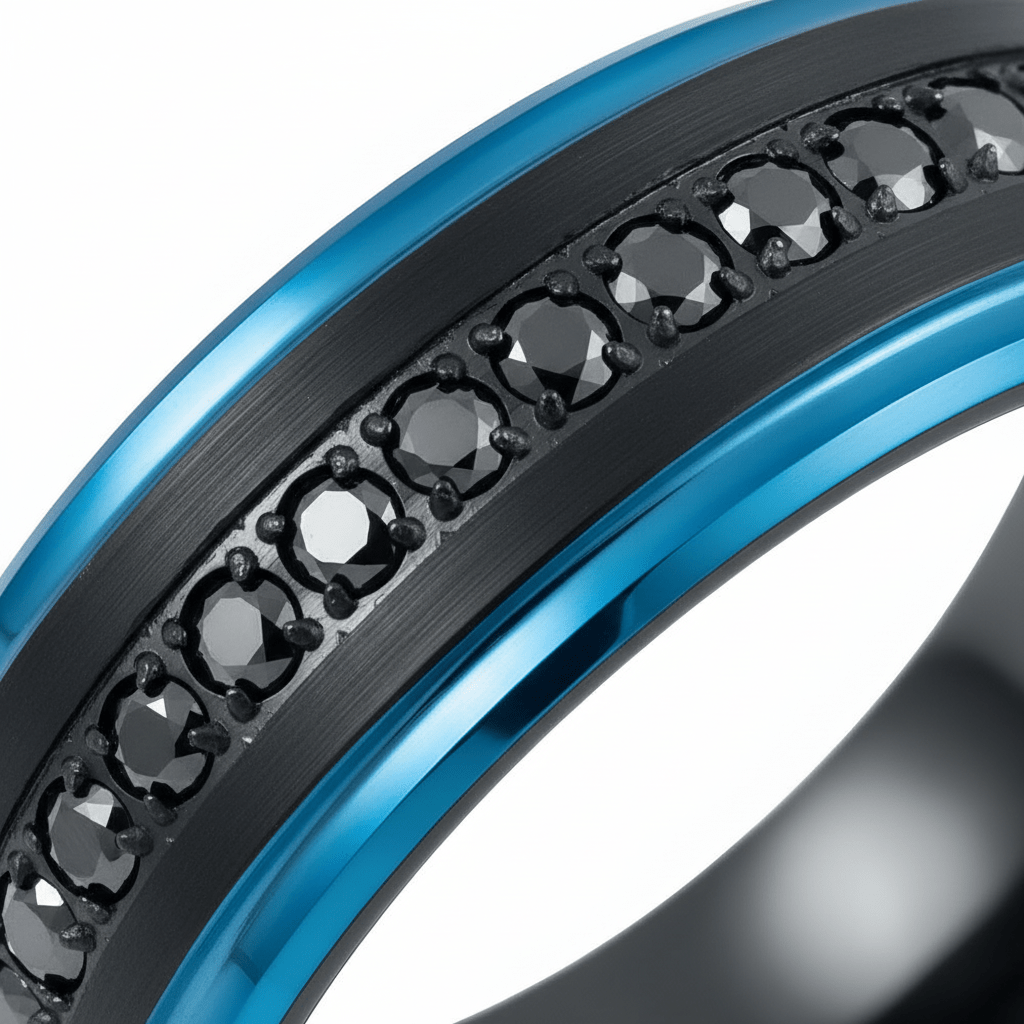 ALISO black tungsten with blue edges ring extreme macro detail of black CZ eternity