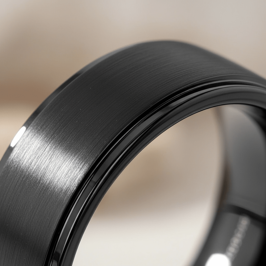ALLIANCE — close-up detail — men's tungsten carbide wedding ring | Aydins Jewelry