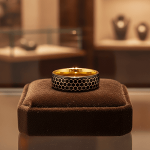 ALTIN — Premium boutique display on velvet — men's tungsten wedding ring.