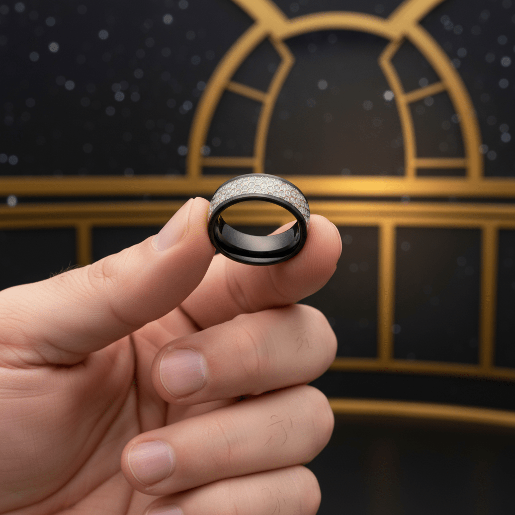 AMANA — Held between fingers close-up — men's tungsten wedding ring.