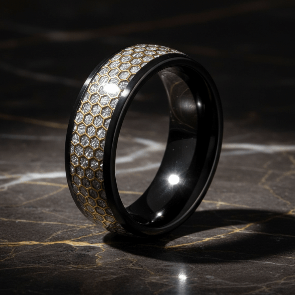 AMANA — Luxury 3/4 angle on dark marble — men's tungsten wedding ring.