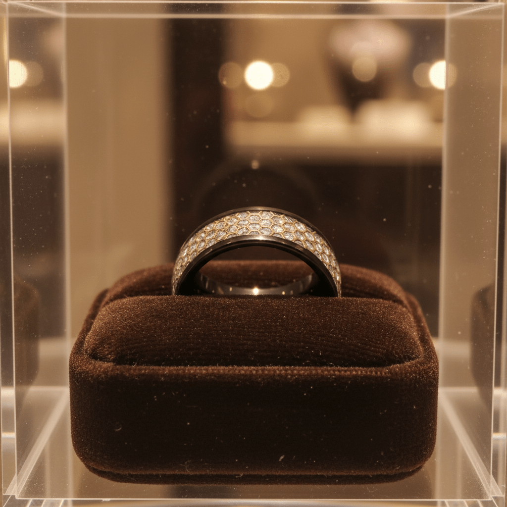 AMANA — Premium boutique display on velvet — men's tungsten wedding ring.