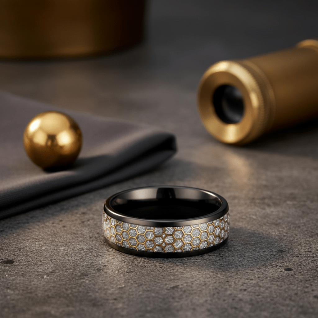 AMANA — Editorial masculine still life — men's tungsten wedding ring.