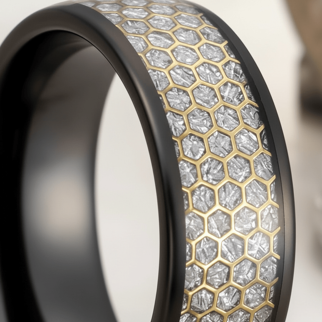 AMANA — Extreme macro detail — men's tungsten wedding ring.