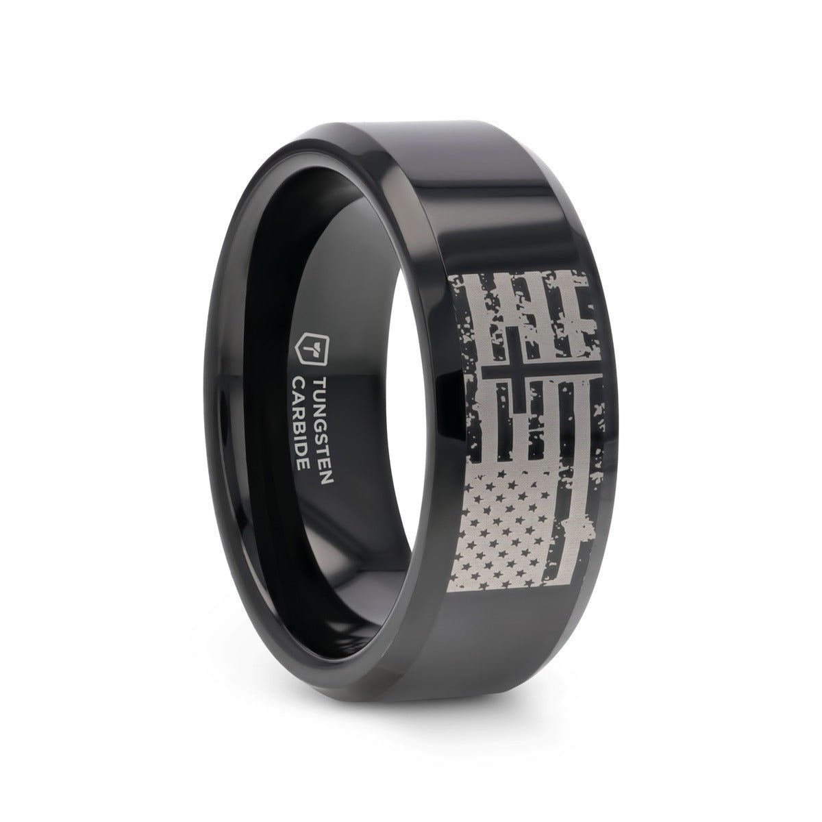 AMERICAN FLAG & CROSS black tungsten carbide ring, view view