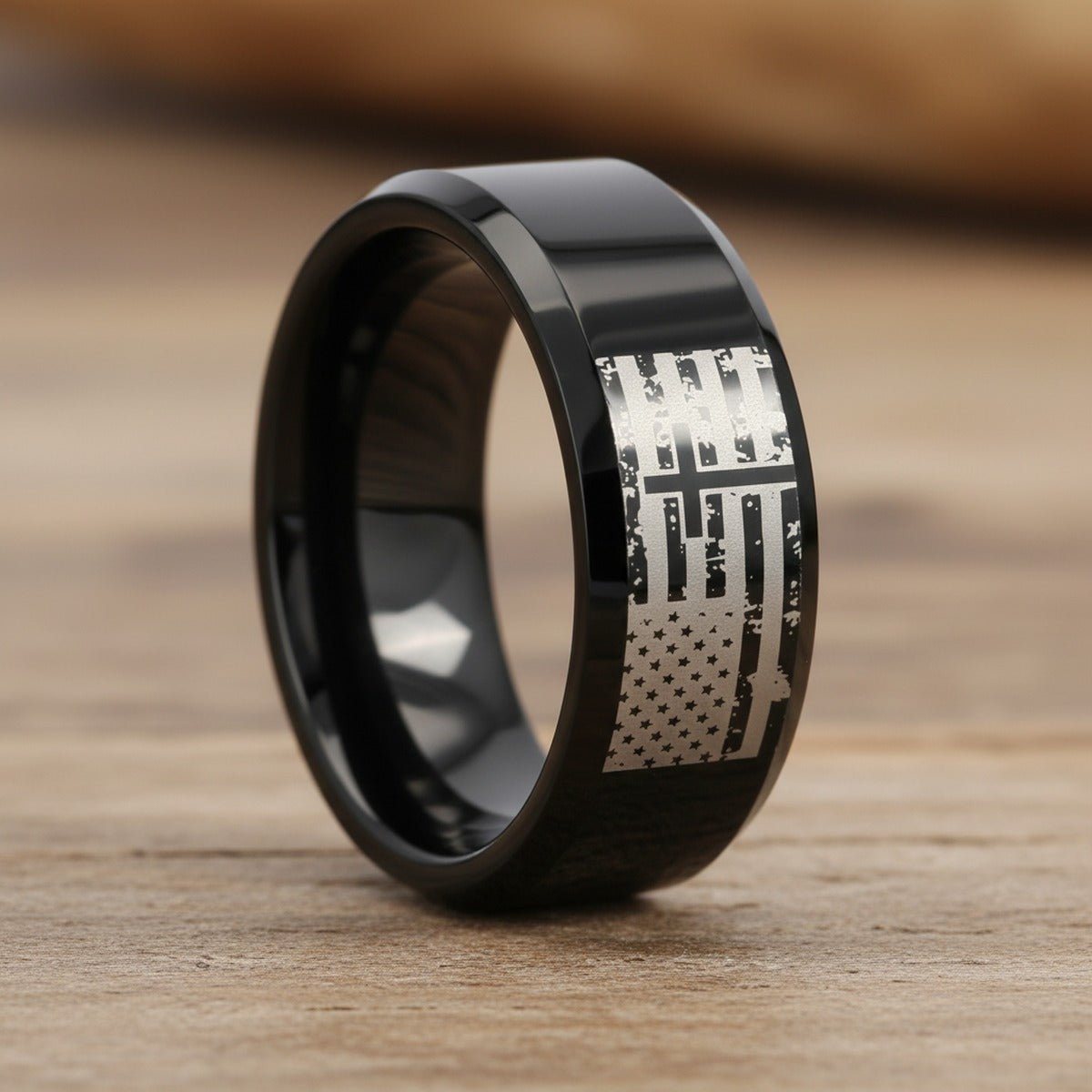 AMERICAN FLAG & CROSS black tungsten carbide ring, scene lifestyle