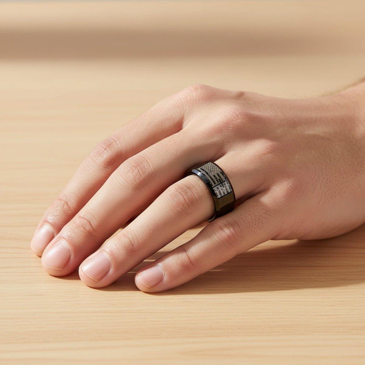 AMERICAN FLAG & CROSS black tungsten carbide ring, hand lifestyle