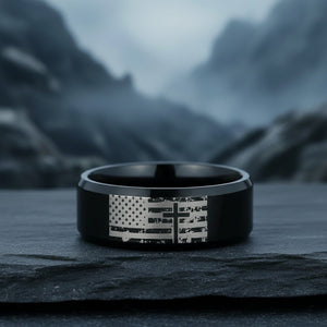 Aydins AMERICAN FLAG & CROSS | Engraved Black Tungsten Band, Beveled lifestyle scene, slate stone mountain