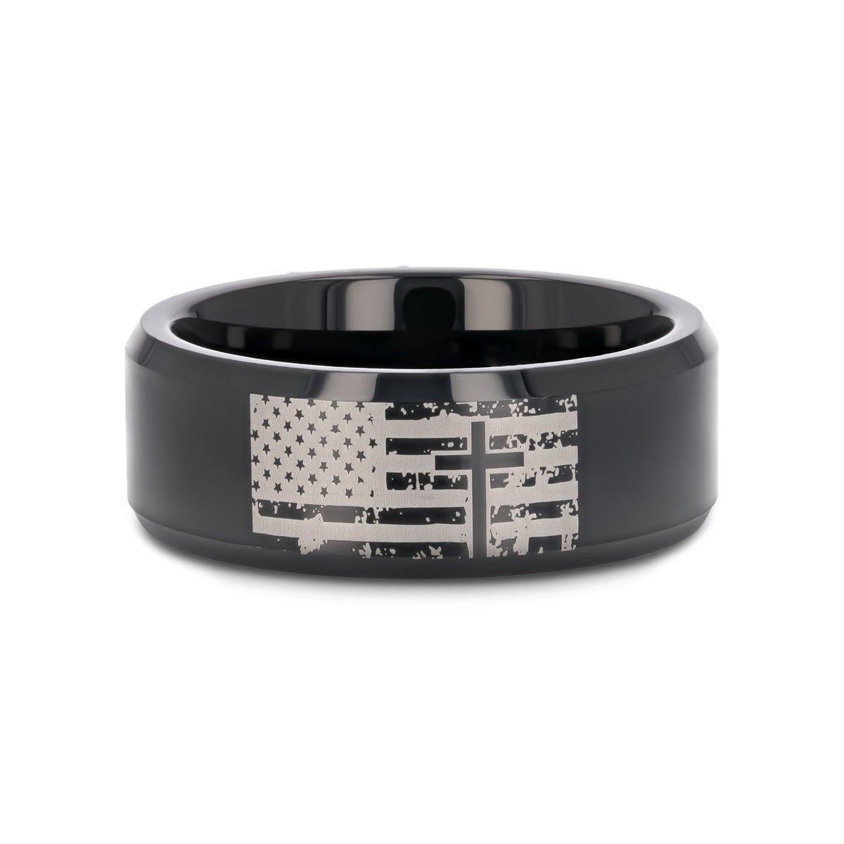 AMERICAN FLAG & CROSS black tungsten carbide ring, view view