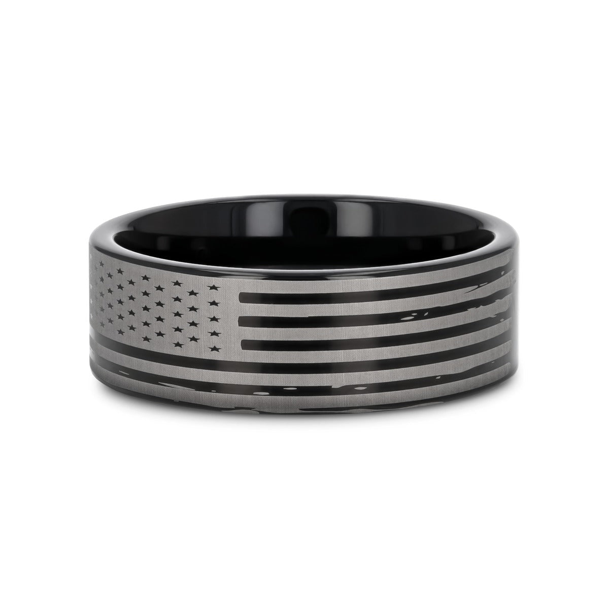 AMERICAN FLAGS black tungsten carbide ring, top view