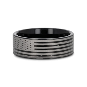 AMERICAN FLAGS black tungsten carbide ring, top view