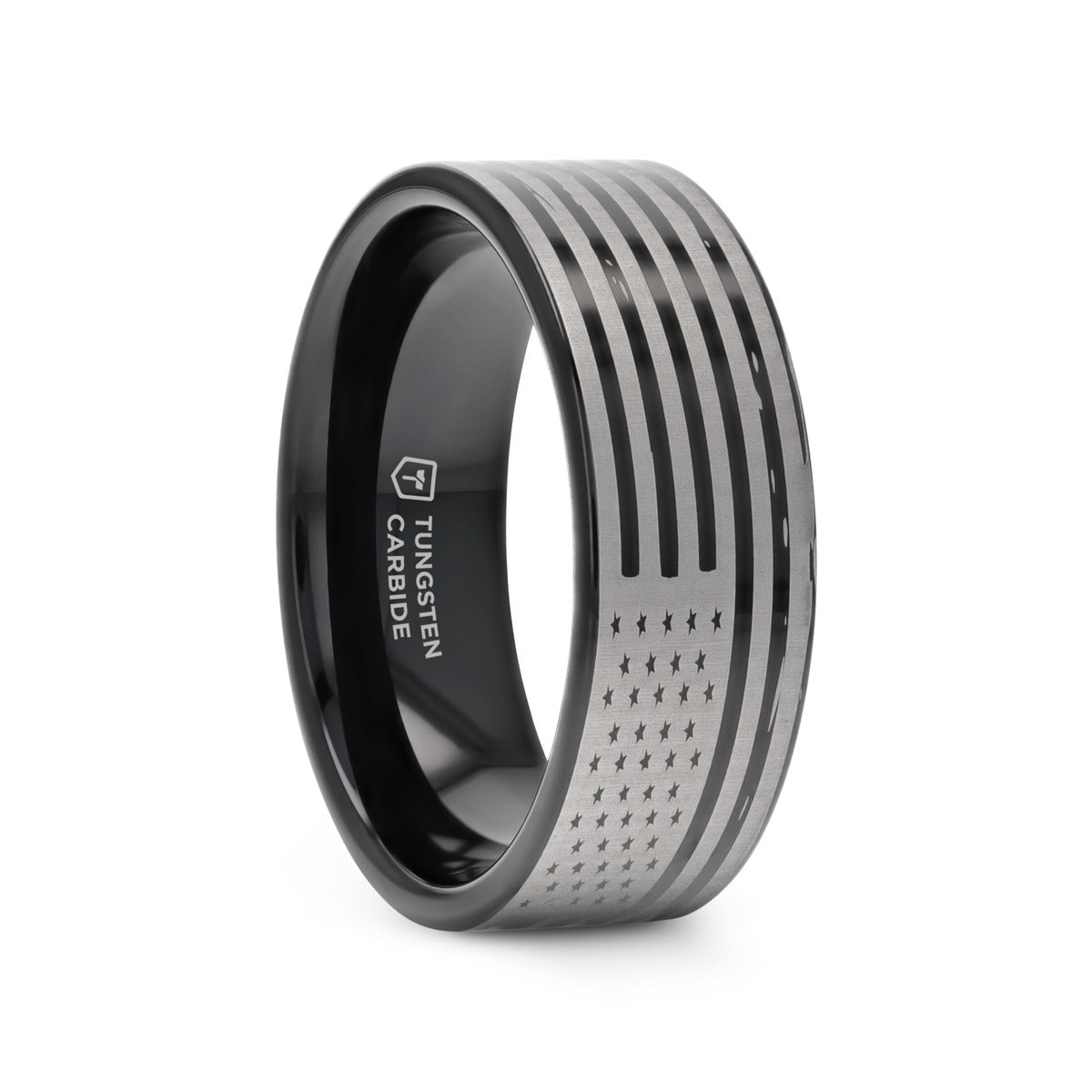 AMERICAN FLAGS black tungsten carbide ring, side view