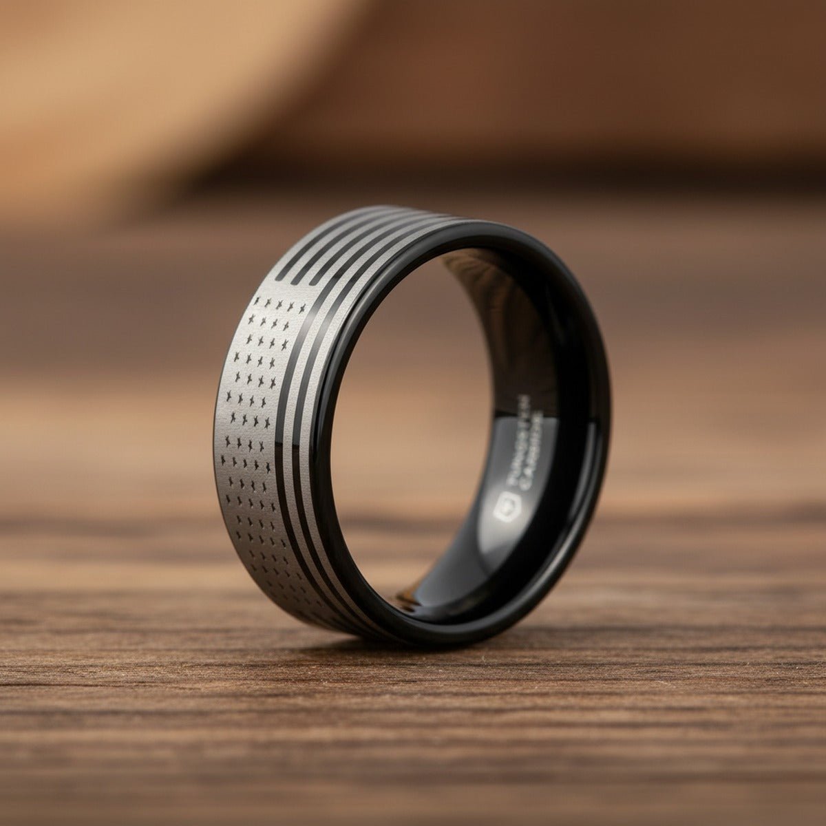 AMERICAN FLAGS black tungsten carbide ring, scene lifestyle