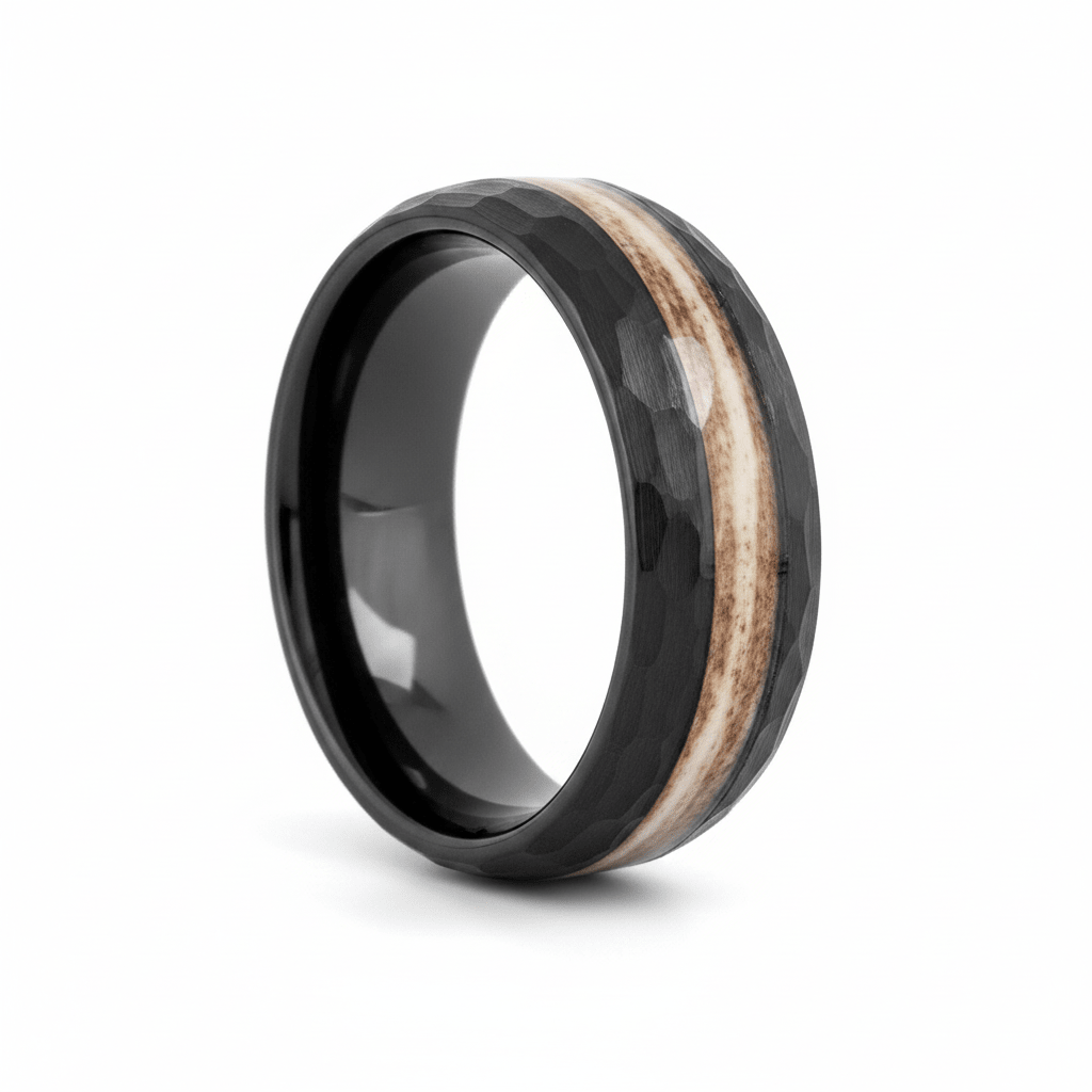 ANTLOR — Hero product shot — men's tungsten wedding ring.