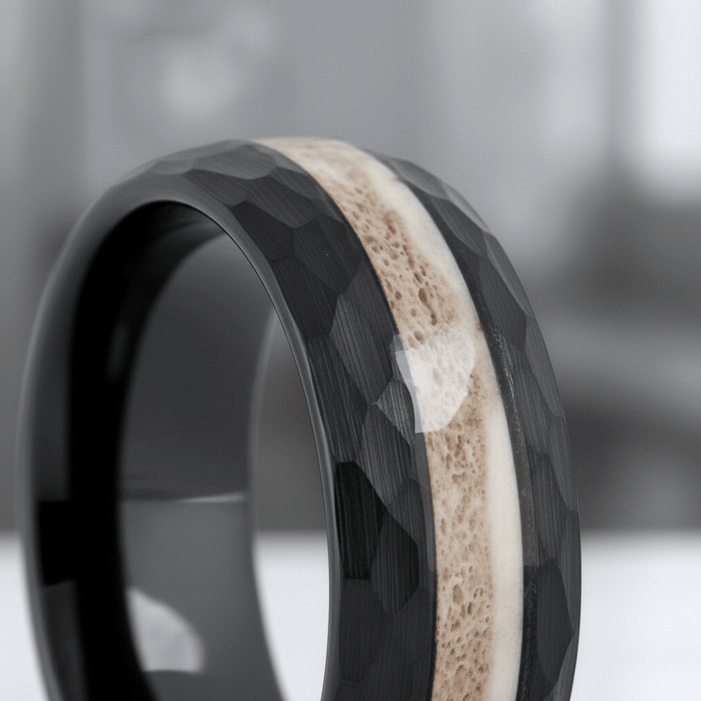ANTLOR — Extreme macro detail — men's tungsten wedding ring.