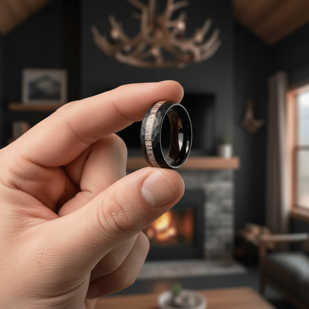 ANTLOR — Held between fingers close-up — men's tungsten wedding ring.