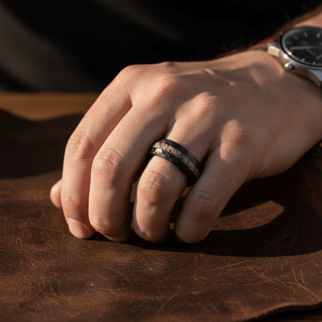 ANTLOR — Lifestyle photo on hand — men's tungsten wedding ring.