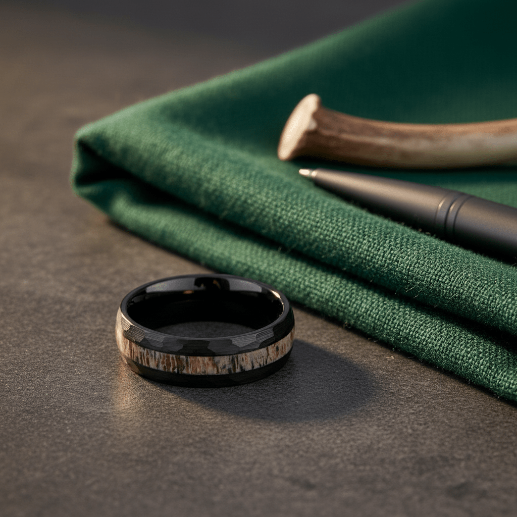 ANTLOR — Editorial masculine still life — men's tungsten wedding ring.