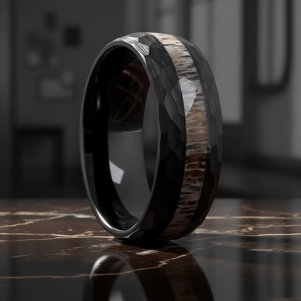 ANTLOR — Luxury 3/4 angle on dark marble — men's tungsten wedding ring.