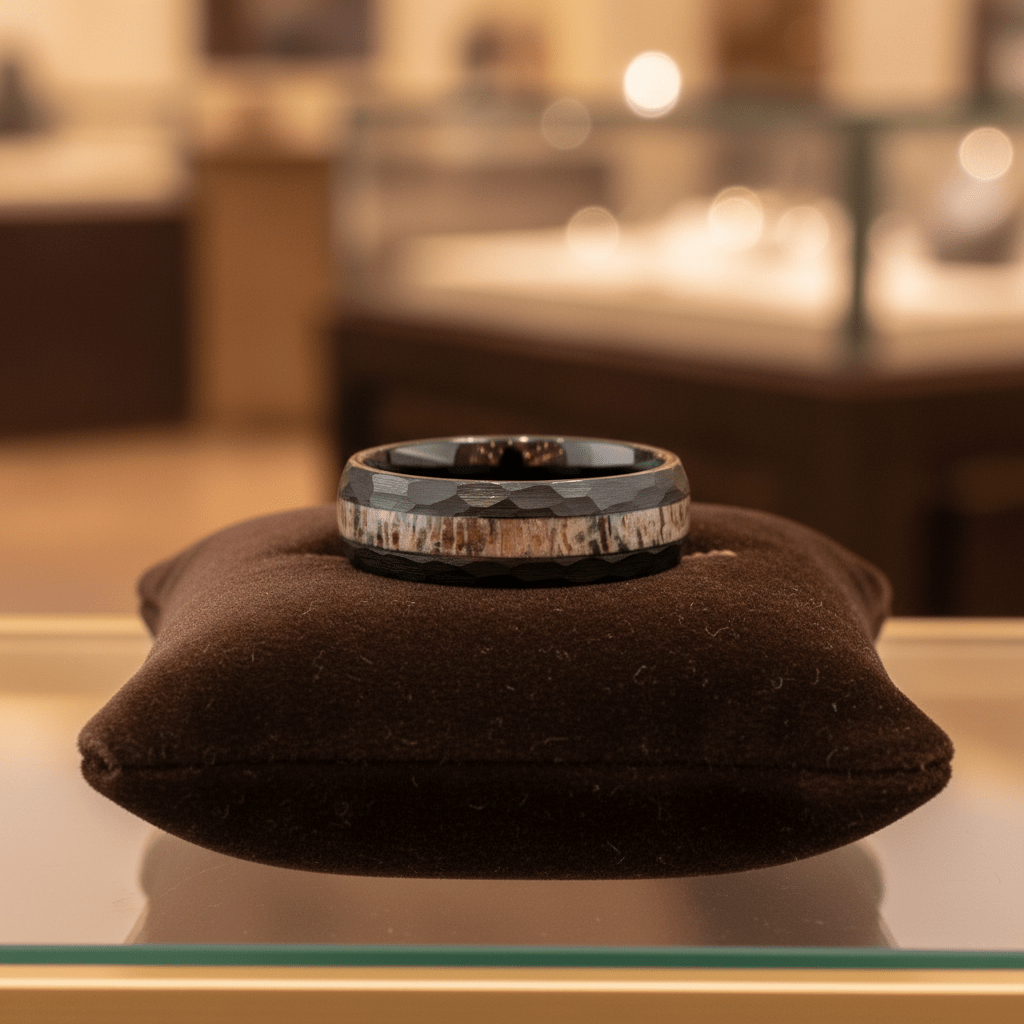 ANTLOR — Premium boutique display on velvet — men's tungsten wedding ring.