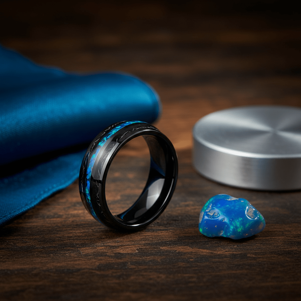 ANTONAS — Editorial masculine still life — men's tungsten wedding ring.