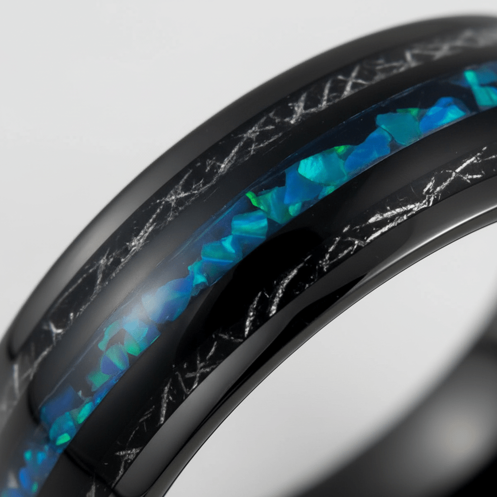 ANTONAS — Extreme macro detail — men's tungsten wedding ring.