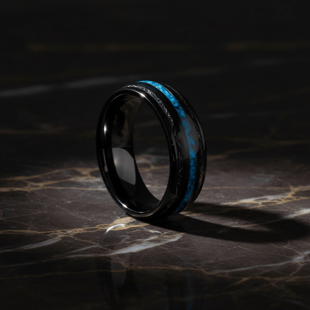 ANTONAS — Luxury 3/4 angle on dark marble — men's tungsten wedding ring.