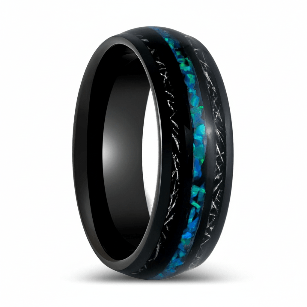 ANTONAS — Hero product shot — men's tungsten wedding ring.