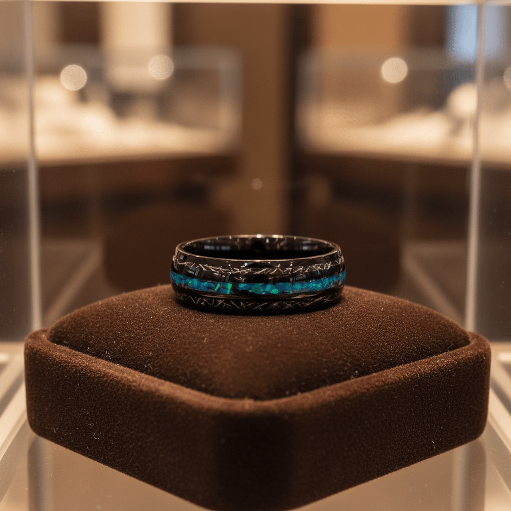 ANTONAS — Premium boutique display on velvet — men's tungsten wedding ring.