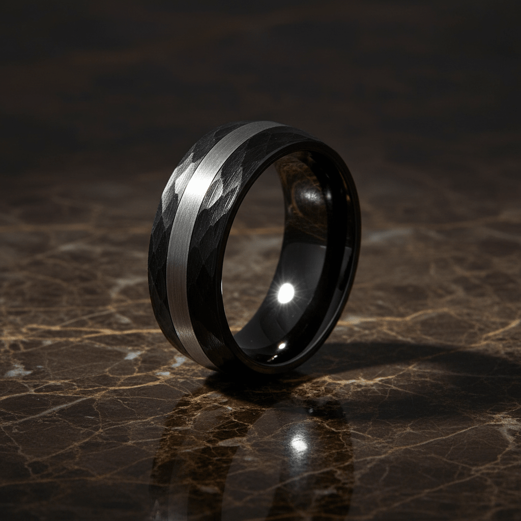 ANVILOR — detail view — men's tungsten carbide wedding ring | Aydins Jewelry