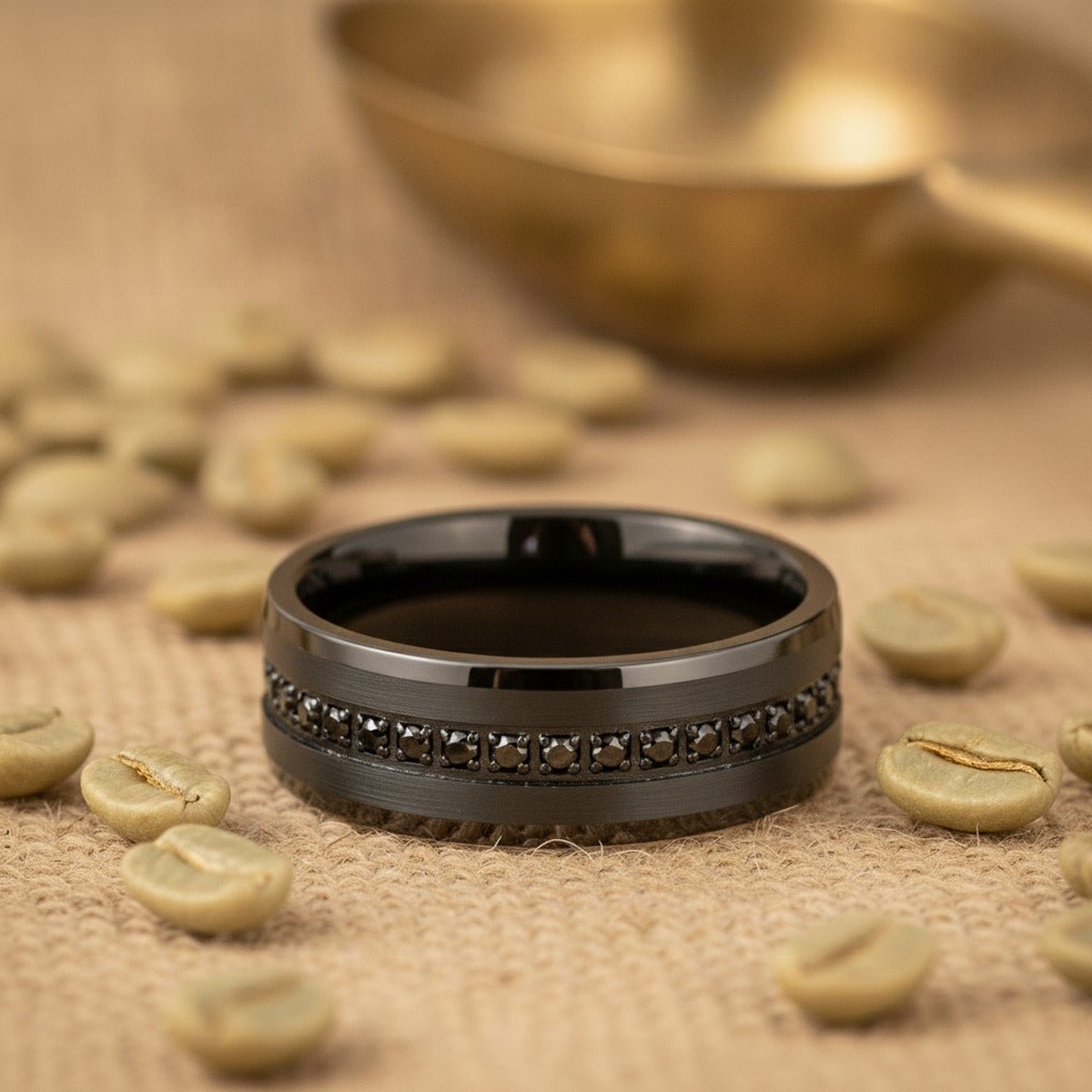 Aydins APODIS | Black Tungsten CZ Ring lifestyle scene, coffee roaster