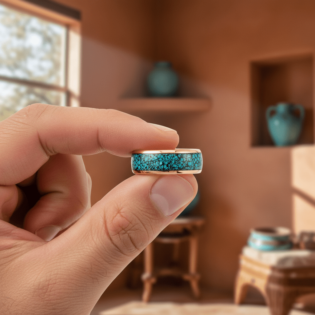 AQUAGLAZE — Held between fingers close-up — men's tungsten wedding ring.