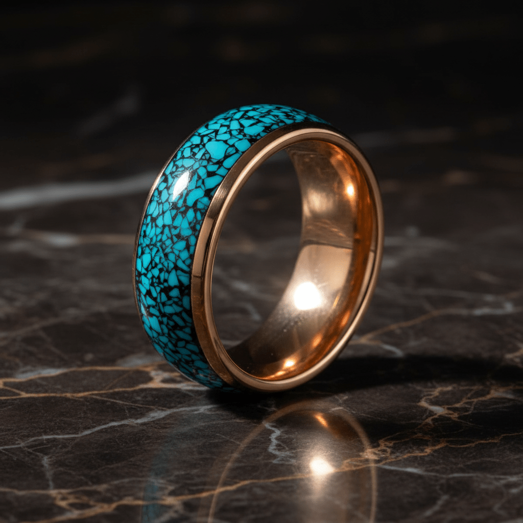 AQUAGLAZE — Luxury 3/4 angle on dark marble — men's tungsten wedding ring.