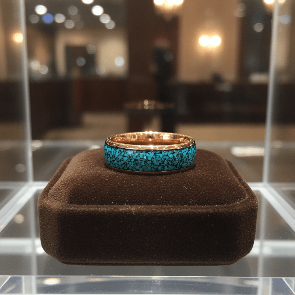AQUAGLAZE — Premium boutique display on velvet — men's tungsten wedding ring.
