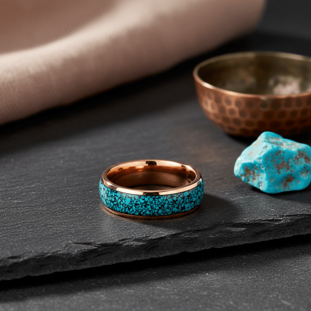 AQUAGLAZE — Editorial masculine still life — men's tungsten wedding ring.