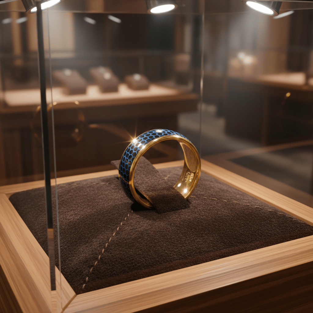 AQUAHEX — Premium boutique display on velvet — men's tungsten wedding ring.