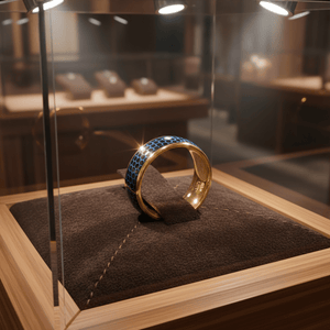 AQUAHEX — Premium boutique display on velvet — men's tungsten wedding ring.
