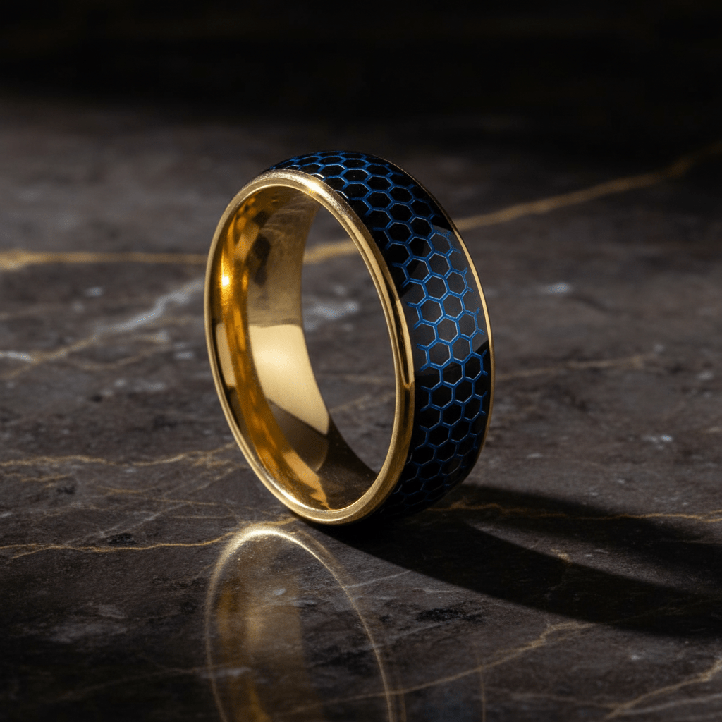 AQUAHEX — Luxury 3/4 angle on dark marble — men's tungsten wedding ring.