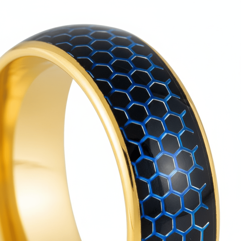 AQUAHEX — Extreme macro detail — men's tungsten wedding ring.