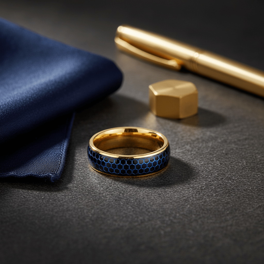 AQUAHEX — Editorial masculine still life — men's tungsten wedding ring.