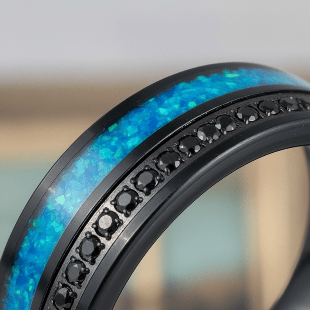 AQUORION — Extreme macro detail — men's tungsten wedding ring.