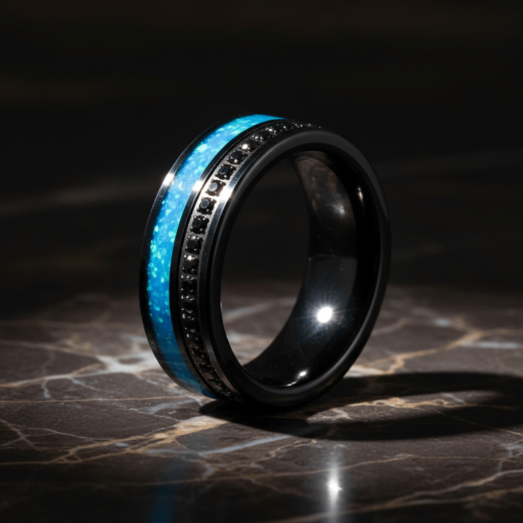 AQUORION — Luxury 3/4 angle on dark marble — men's tungsten wedding ring.