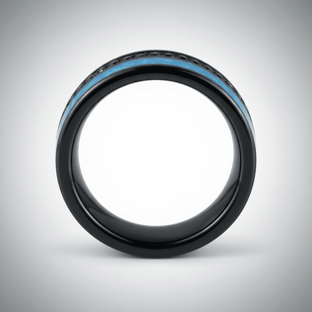 AQUORION — Center-through axial view — men's tungsten wedding ring.